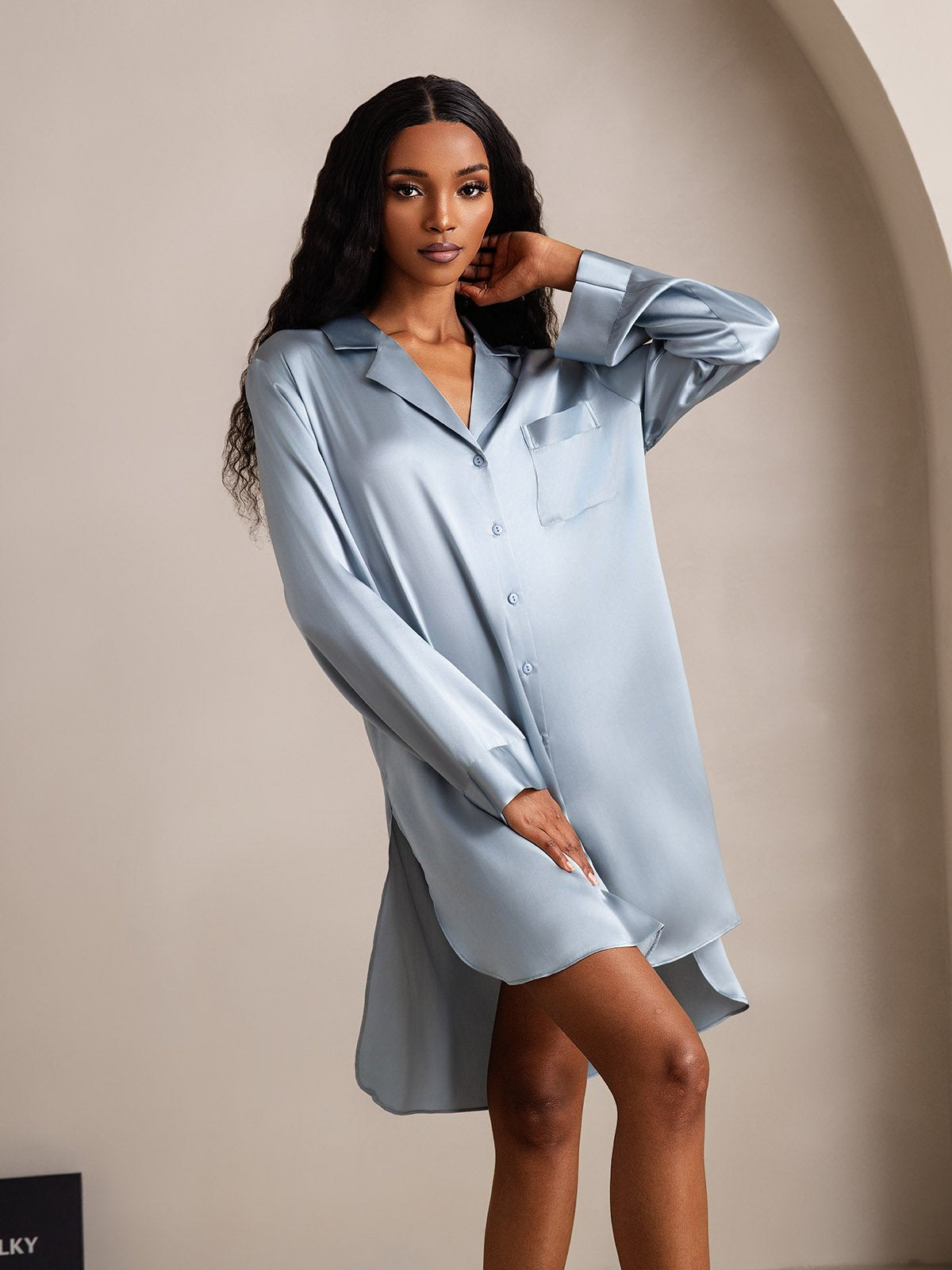 [BluGrigiastro] SilkSilky-IT Seta pura Colletto risvolto Camicia da notte 007