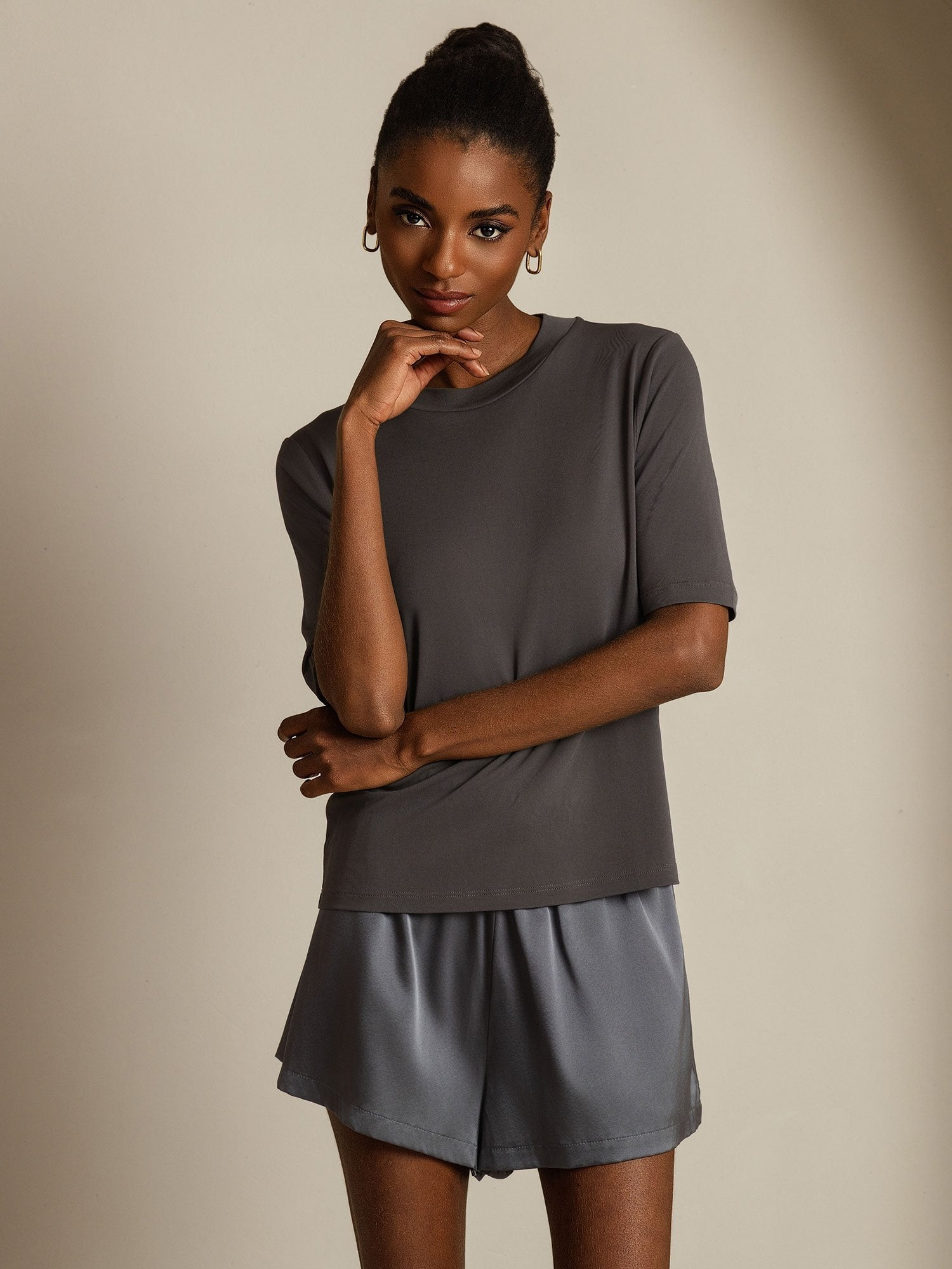 [Grigio] SilkSilky-IT Seta pura Womens T-Shirt 005