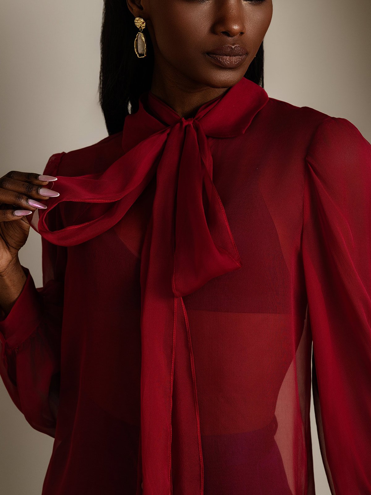 SilkSilky-IT Seta pura Manica lunga Nodo al collo Camicie da donna Vino 008