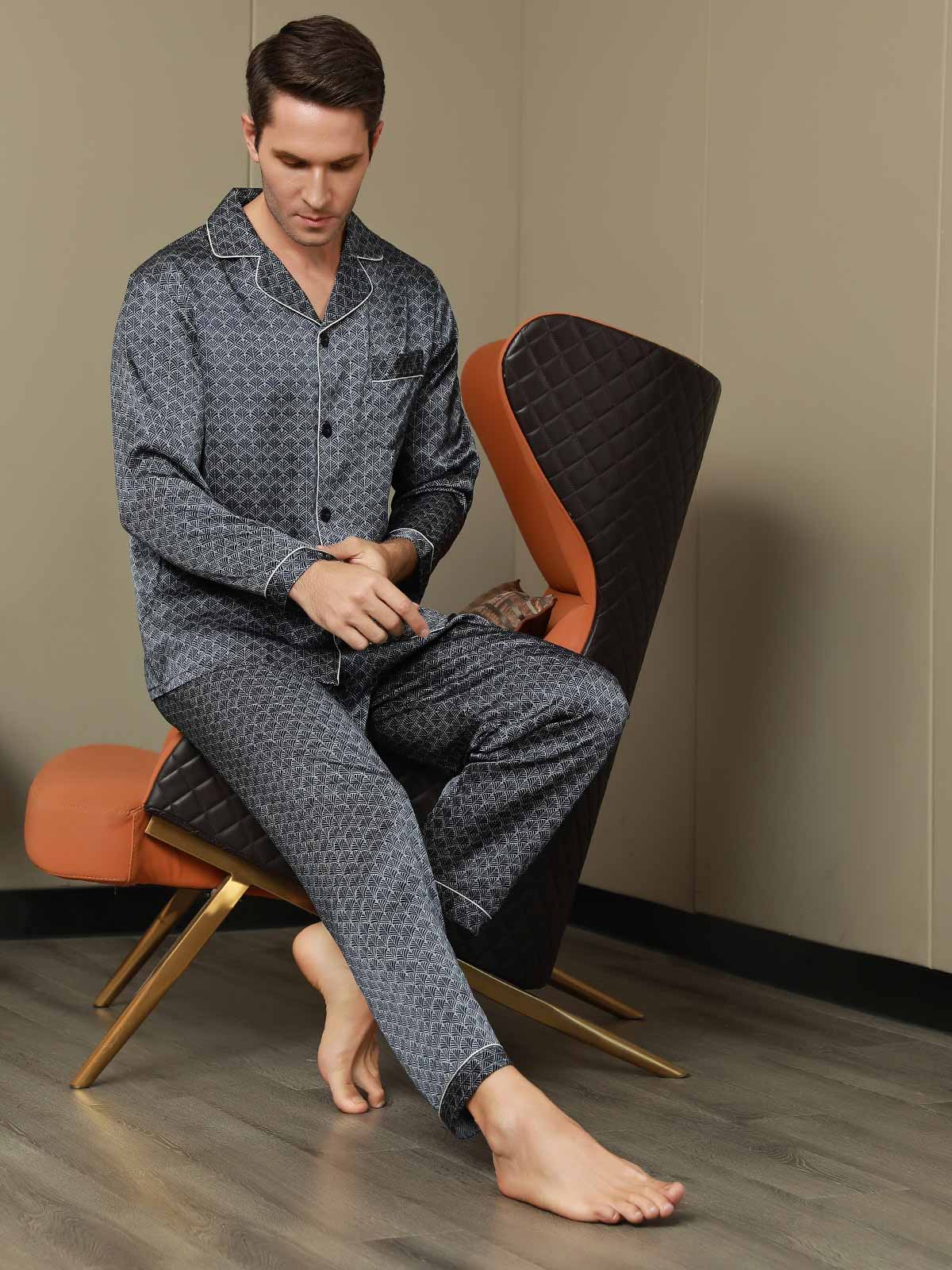 [Ginkgo Blu Navy] SilkSilky-IT 19Momme Seta pura Mens Pajamas 006
