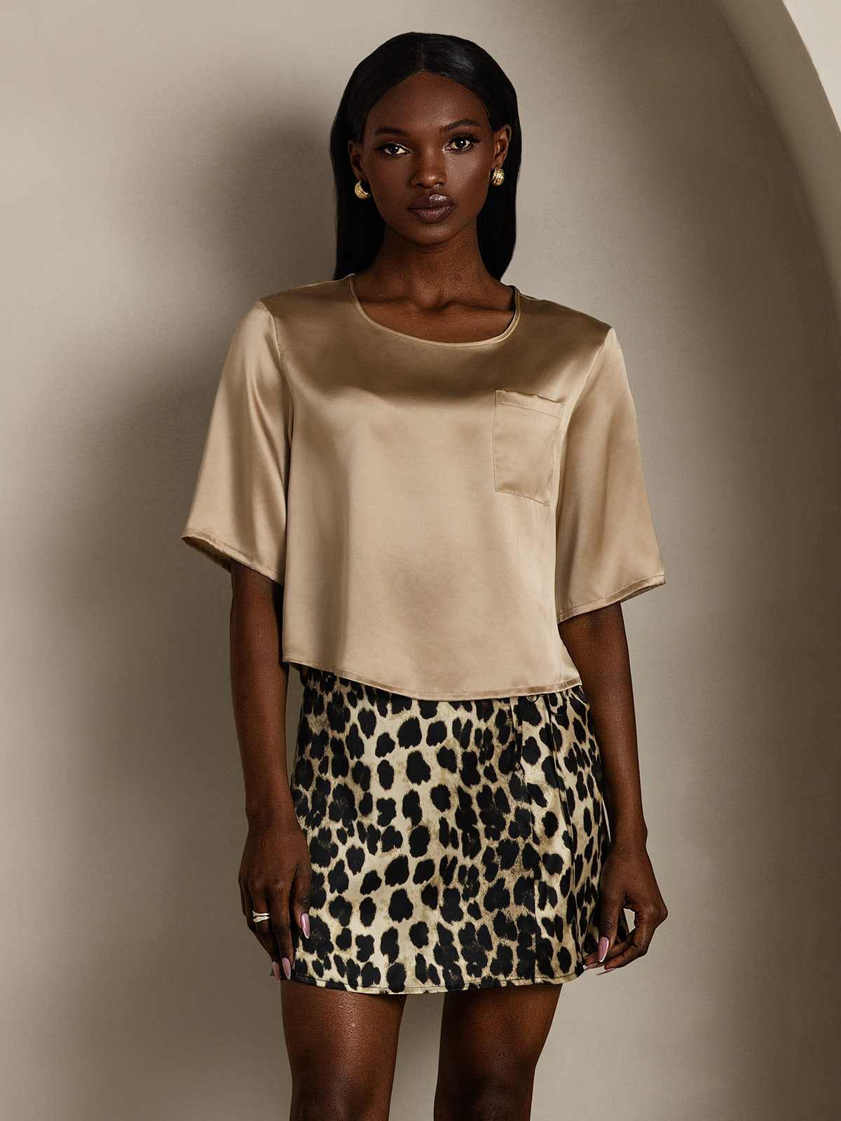 [Champagne] SilkSilky-IT Manga media Scollo A Coppa Magliette donna 005