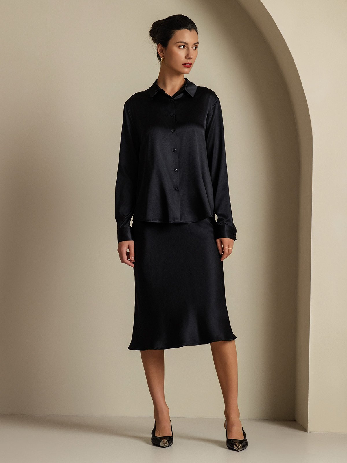 [Nero] SilkSilky-IT 19Momme Seta Colletto risvolto Women''s Outfit Sets 006,