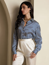 [Righe Navy] SilkSilky-IT Long Sleeve Lapel Collar Camicie da donna 005