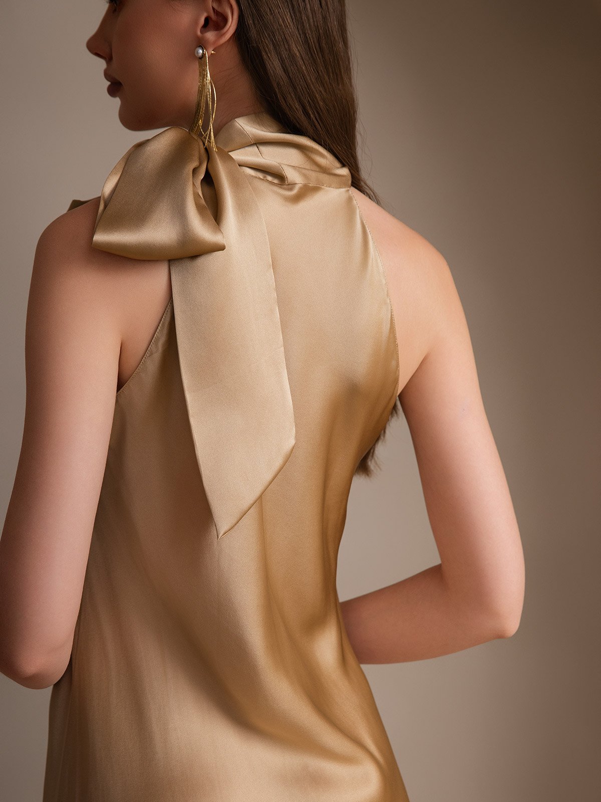 [Champagne] SilkSilky-IT 19Momme Seta Senza maniche Nodo al collo Vestiti da donna 004