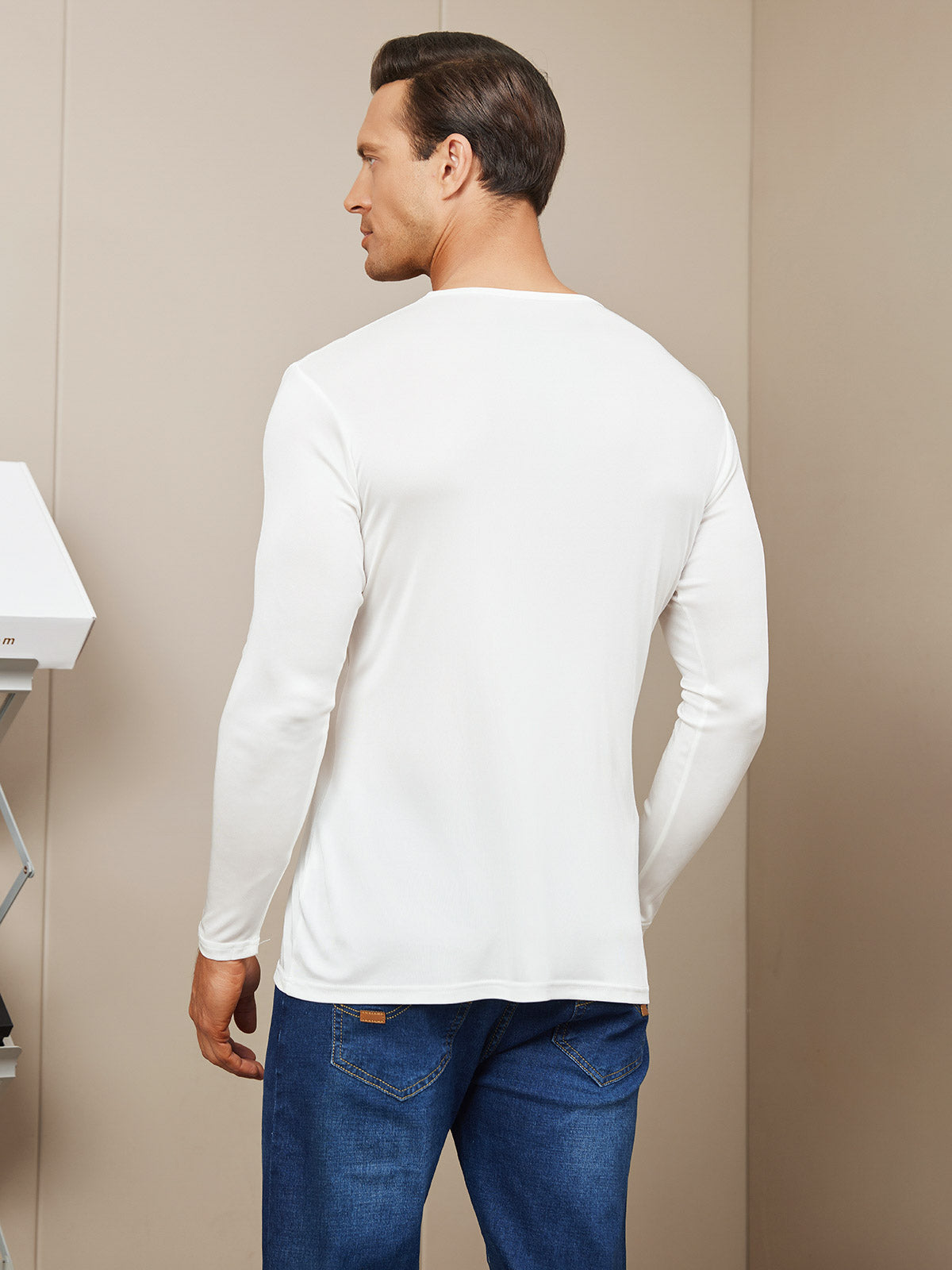 SilkSilky IT Maglia di seta Manica lunga Round Neck Maglietta da uomo Bianco 002