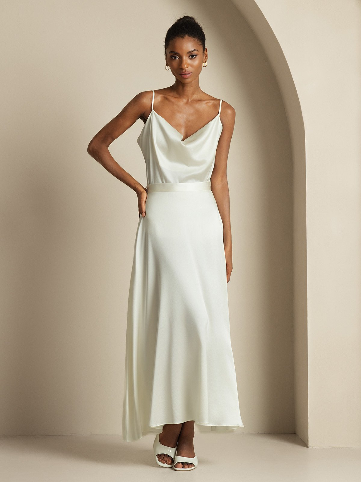 [Bianco] SilkSilky-IT 19Momme Seta Collo drappeggiato Women''s Outfit Sets 003,