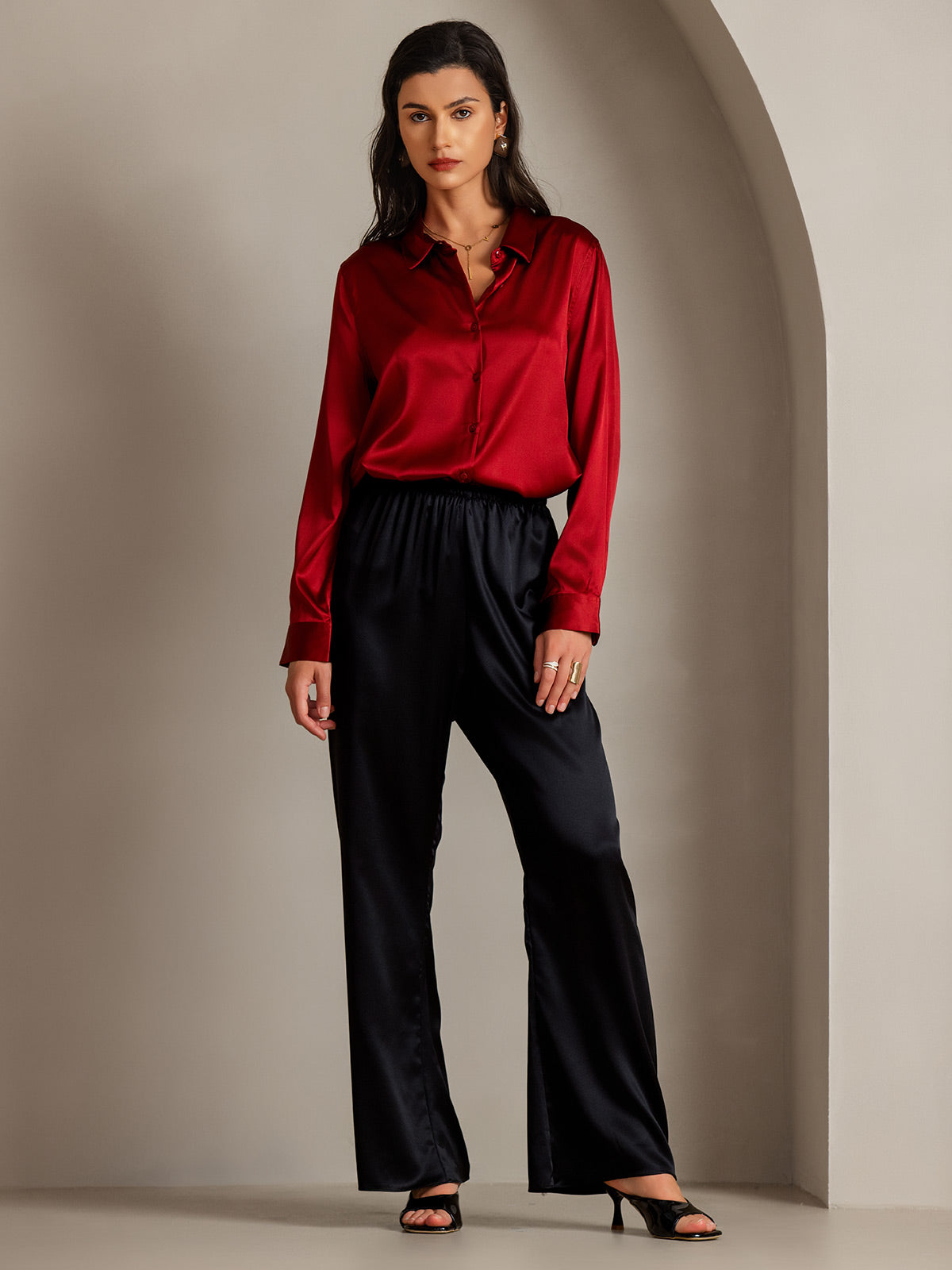 [Rosso] SilkSilky-IT Seta Colletto risvolto Camicie da donna 003