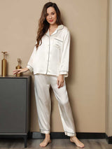 [Bianco] SilkSilky-IT Manica lunga Collo a Taglio Pigiami da donna 004