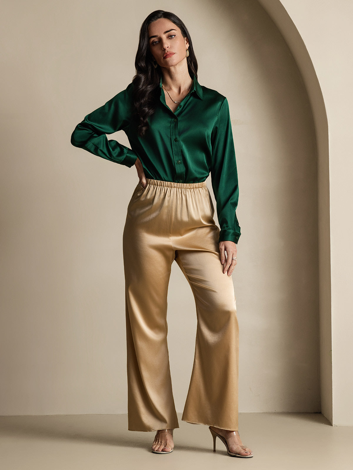 [Verde Scuro] SilkSilky-IT 19Momme Manica lunga Colletto con Revers Camicie da donna 010