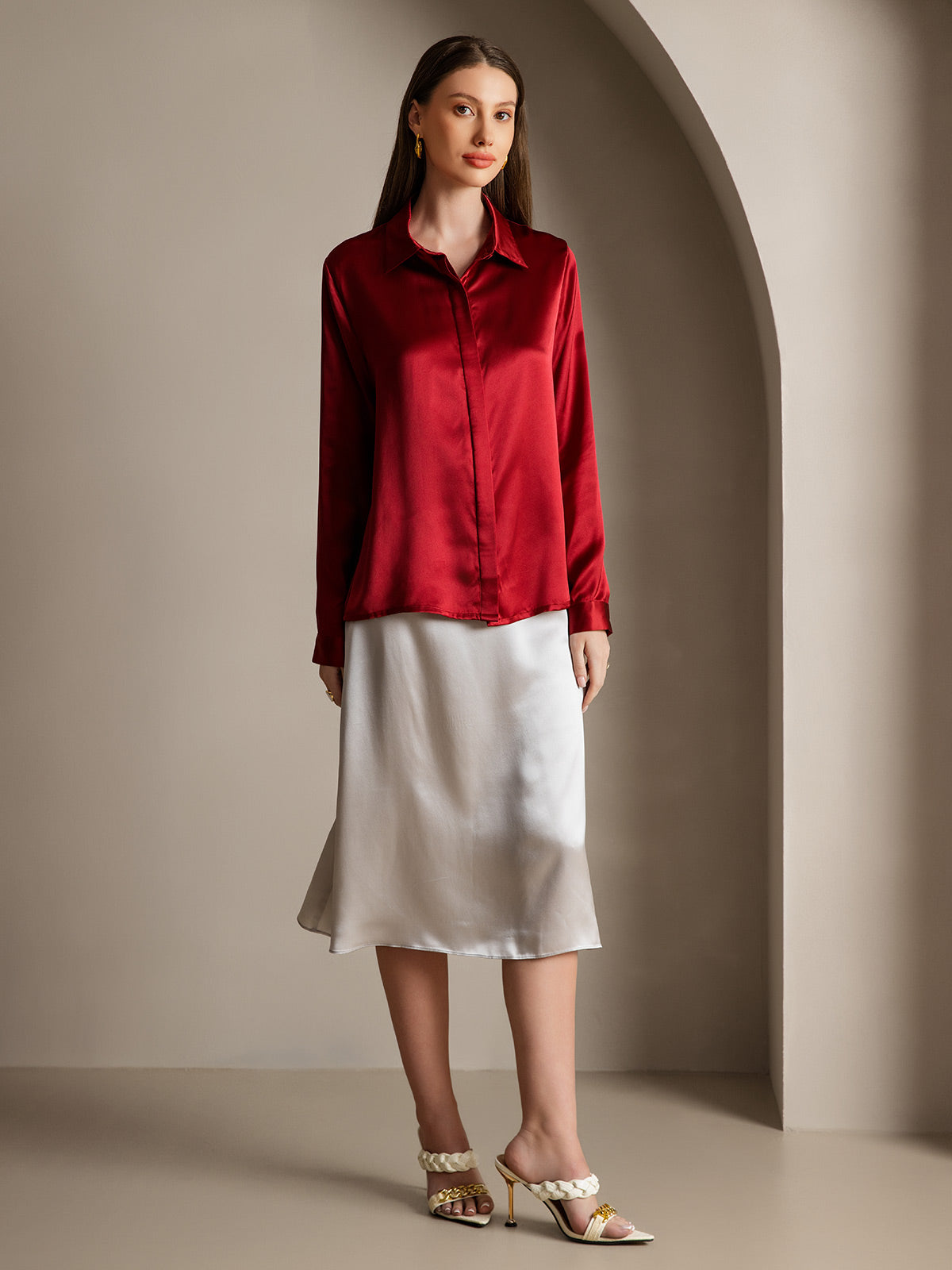[Vino] SilkSilky-IT 19Momme Seta Lapel Collar Camicie da donna 004