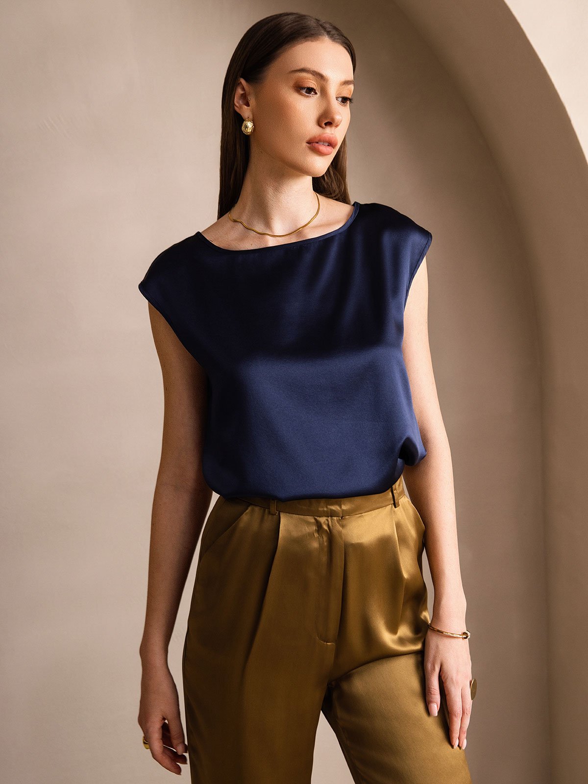 [Blu Scuro] SilkSilky-IT 19Momme Seta Womens T-Shirt 001