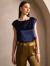 [Blu Scuro] SilkSilky-IT Cap Sleeve Round Neck Magliette donna 001