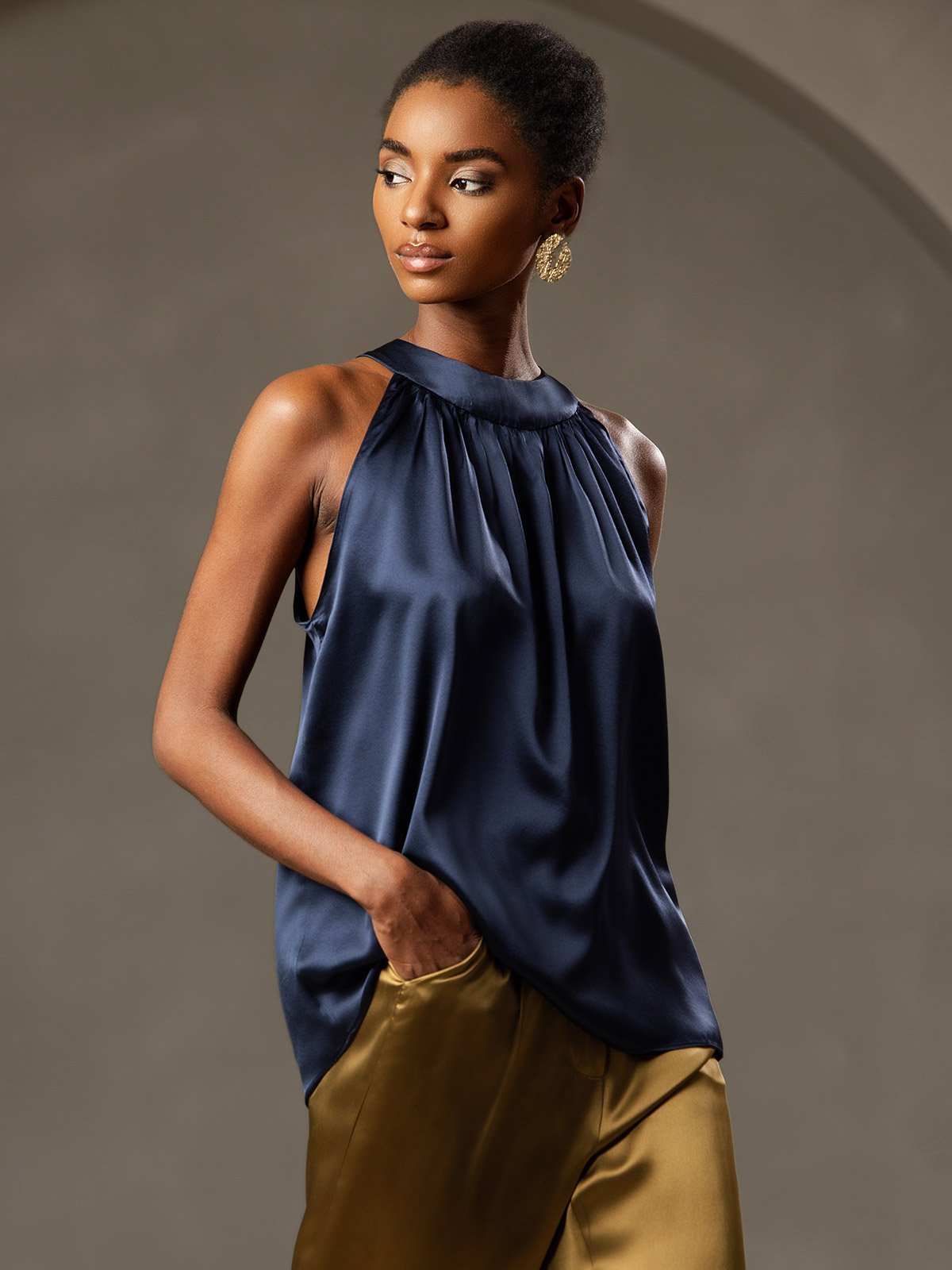 [Blu Scuro] SilkSilky-IT 19Momme Seta Senza maniche Womens T-Shirt 001