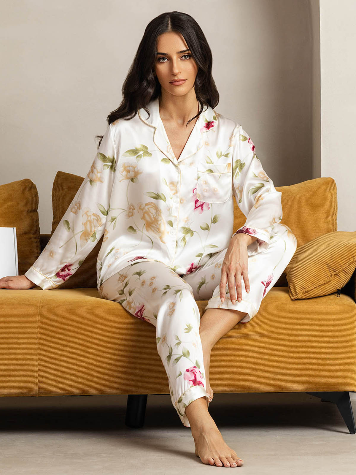 [Fiori Avorio] SilkSilky-IT Seta pura Womens Pajamas 004