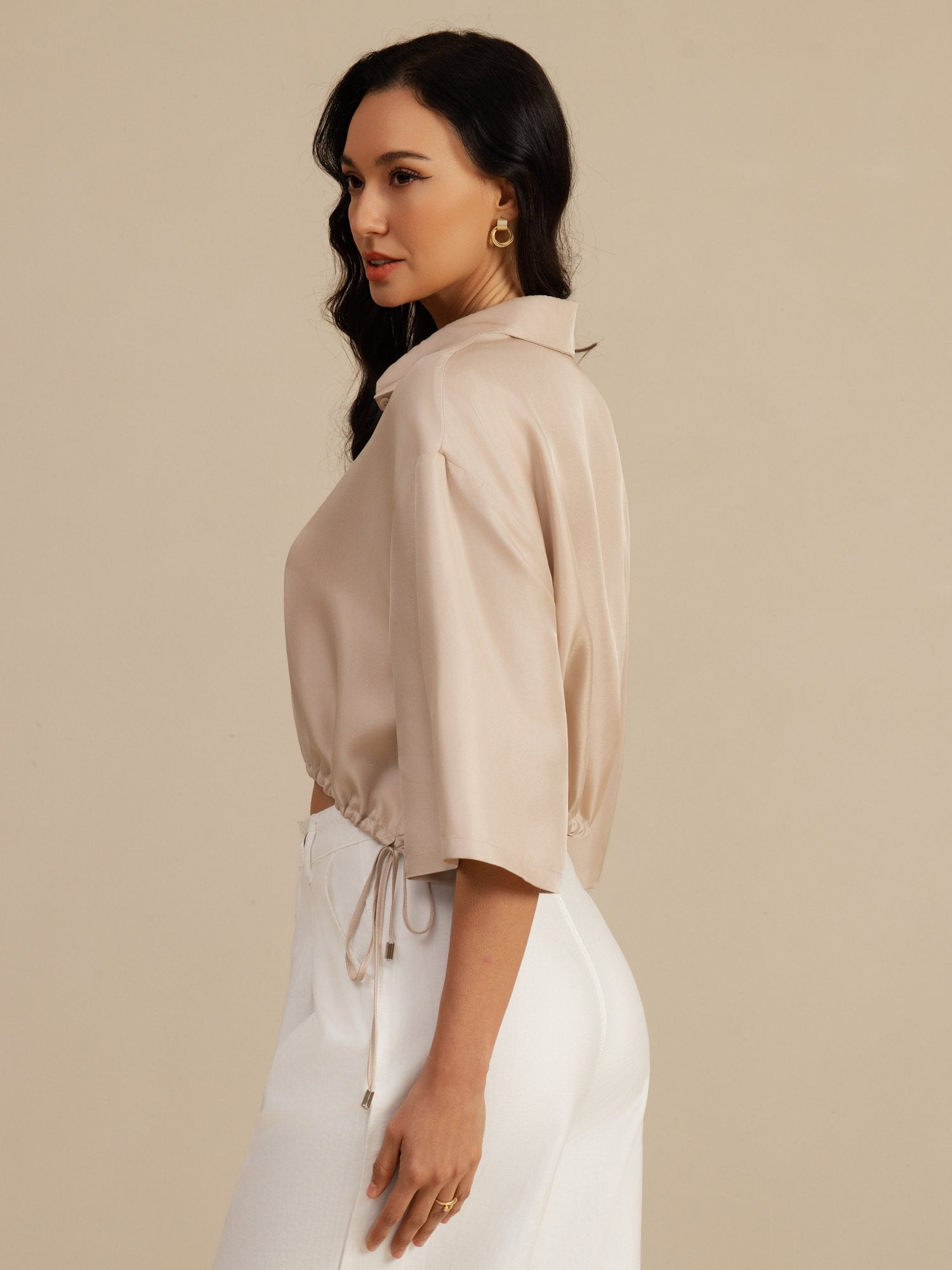 [Marrone Chiaro] SilkSilky-IT 18Momme Manga media Colletto con Revers Camicette 003