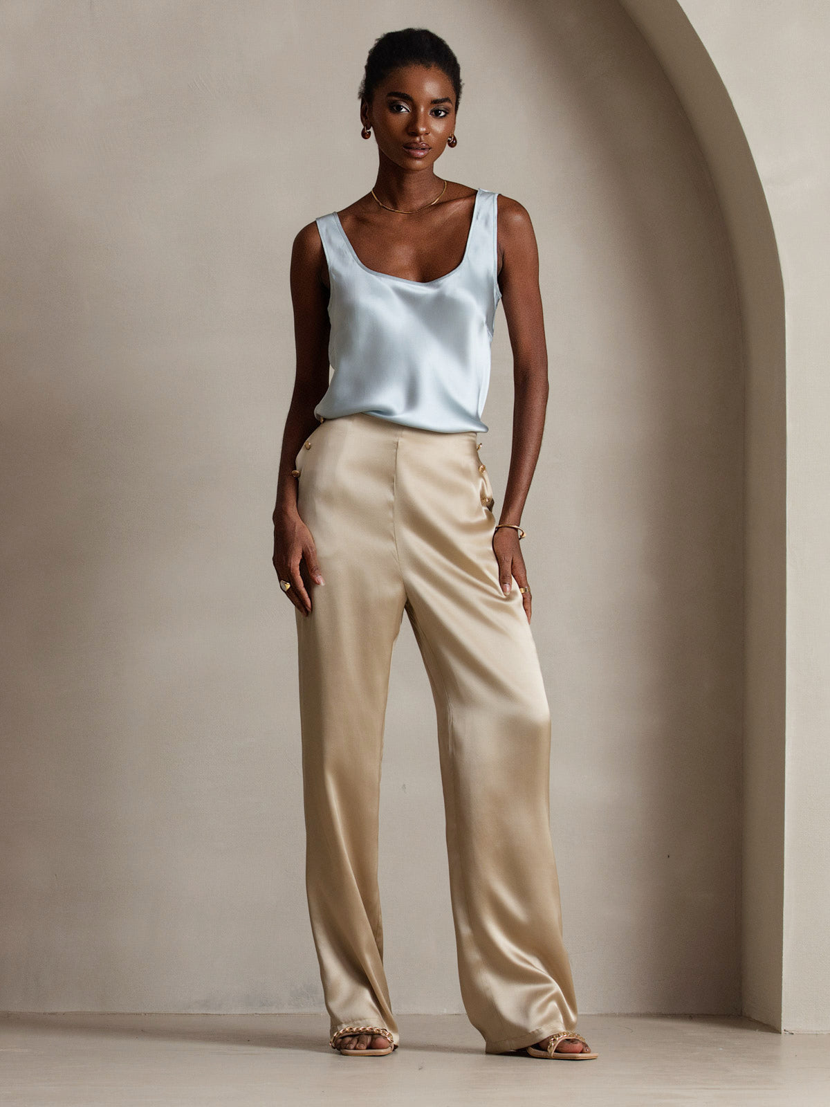 [Azzurro] SilkSilky-IT 19Momme Senza maniche Scollo A Coppa Cami 007