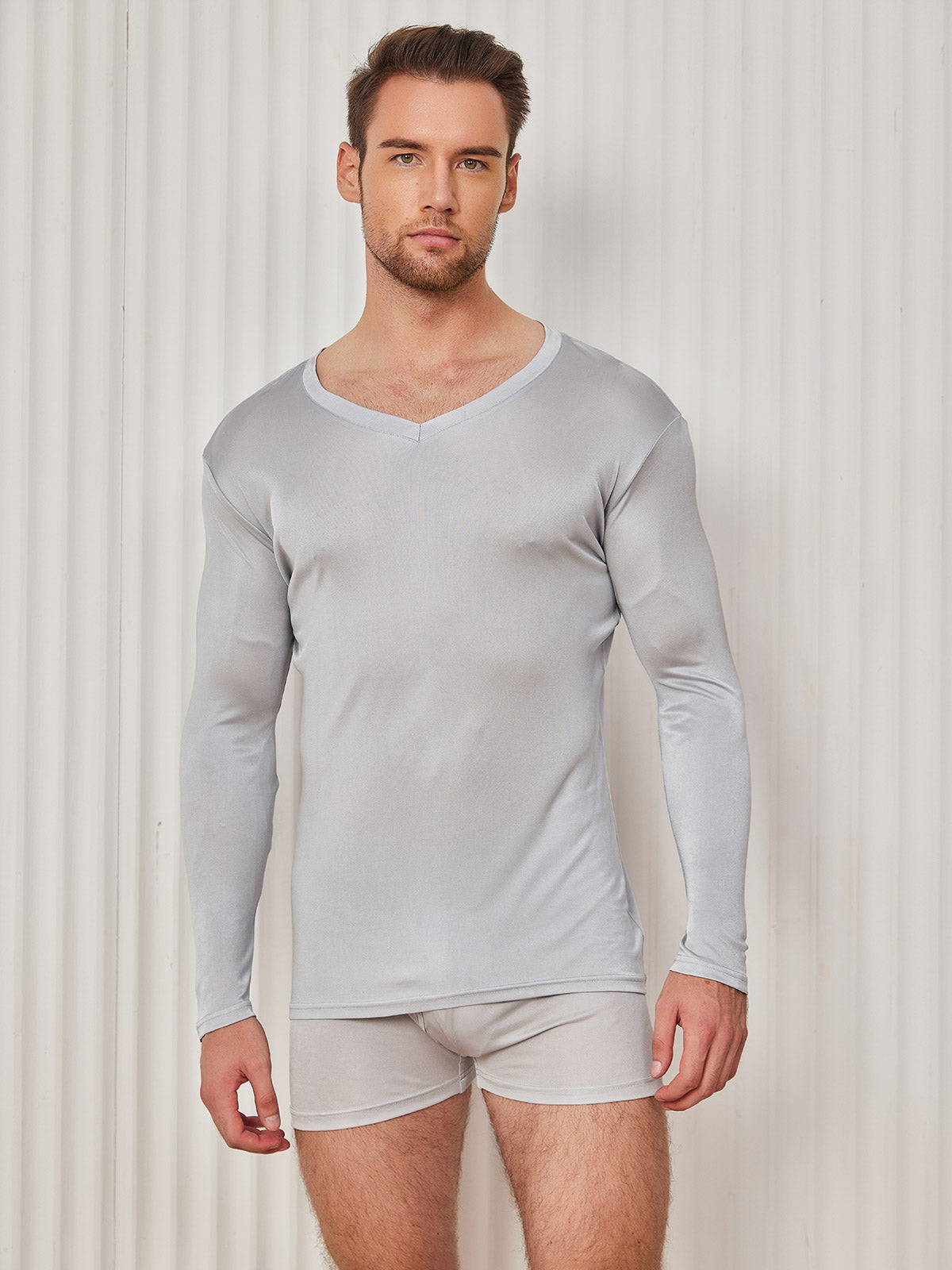 [Grigio Chiaro] SilkSilky-IT Maglia di seta Manica lunga Collo a V Maglietta da uomo 003