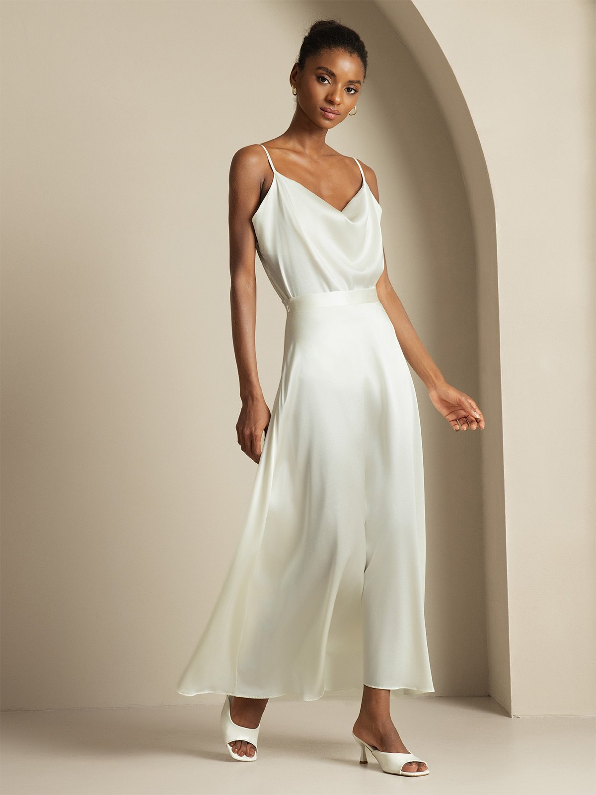 [Bianco] SilkSilky-IT 19Momme Seta Collo drappeggiato Women''s Outfit Sets 004,