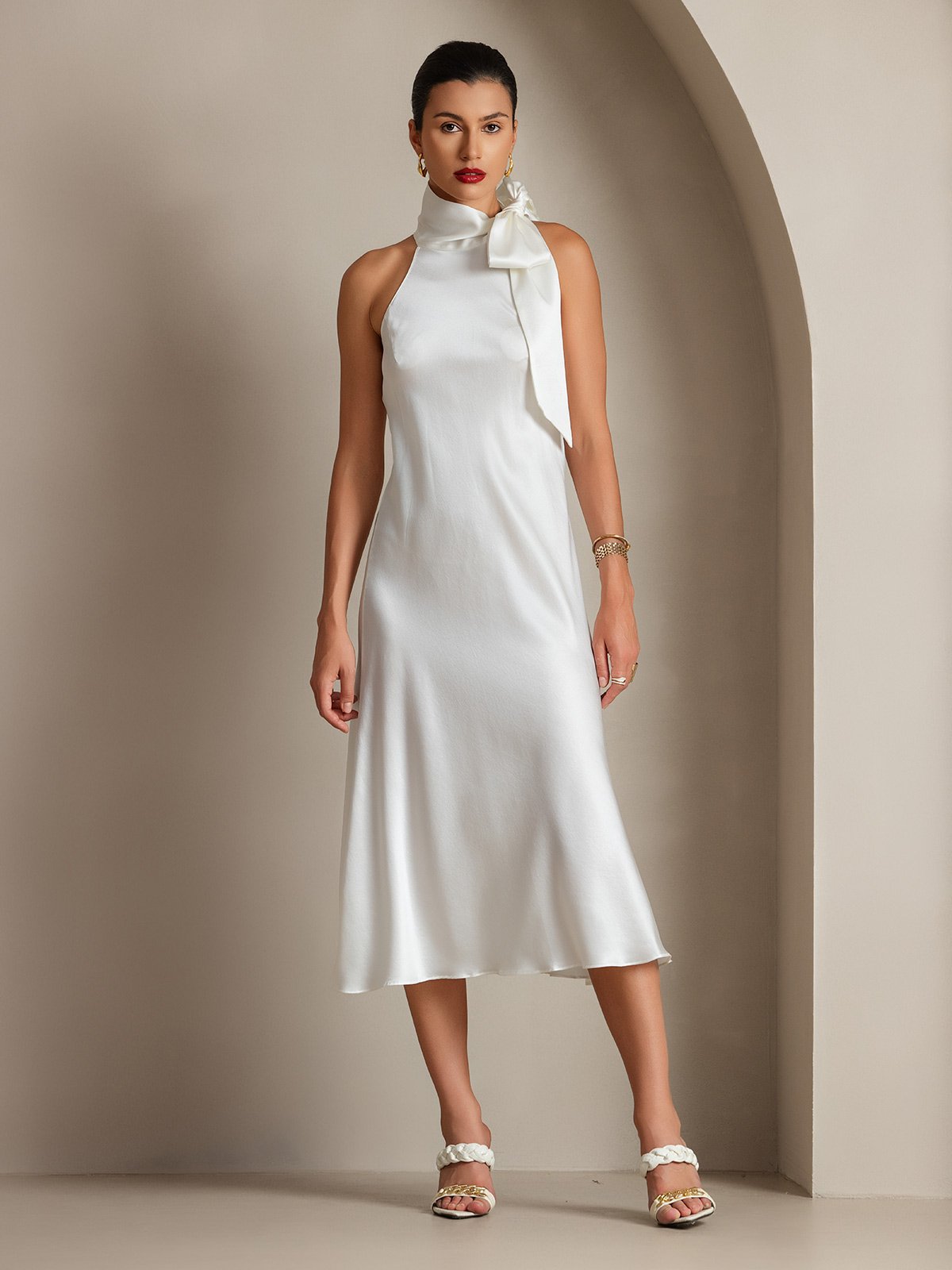[Bianco] SilkSilky-IT 19Momme Seta Senza maniche Nodo al collo Vestiti da donna 006