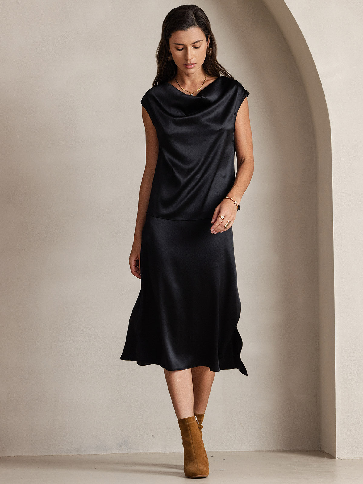 [Nero] SilkSilky-IT 19Momme Seta Collo drappeggiato Magliette donna 004