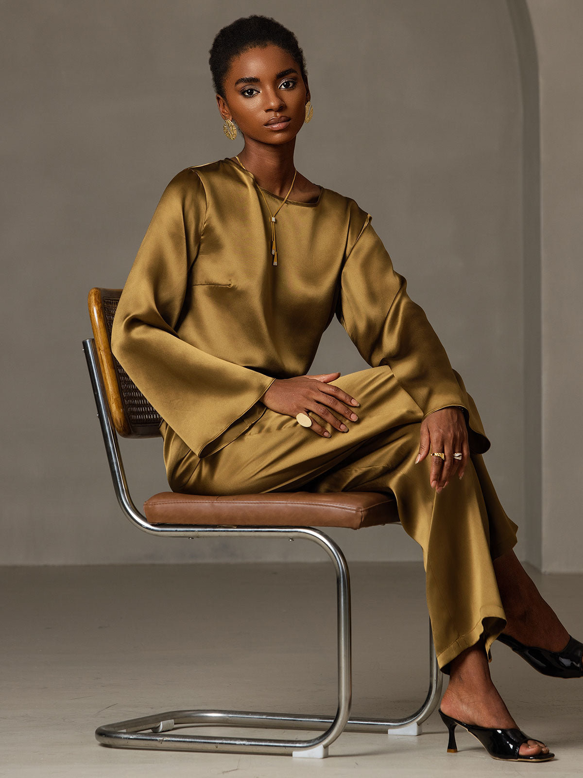 [Marrone] SilkSilky-IT 19Momme Seta Womens T-Shirt 007,