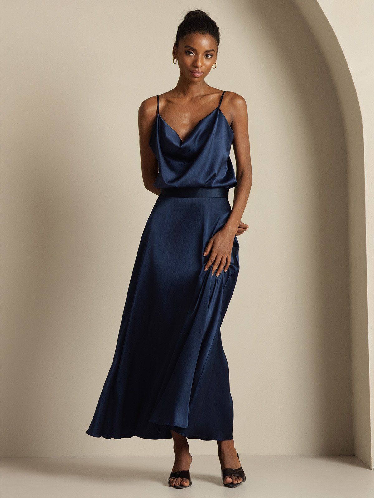 [Blu Scuro] SilkSilky-IT 19Momme Seta Collo drappeggiato Women''s Outfit Sets 004,