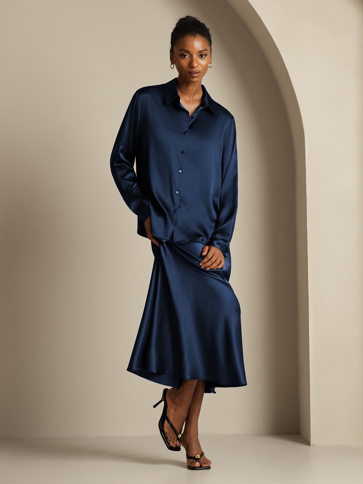 [Blu Scuro] SilkSilky-IT 19Momme Seta Colletto risvolto Women''s Outfit Sets 003,