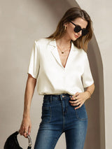[Avorio] SilkSilky-IT Short Sleeve Lapel Collar Camicie da donna 006