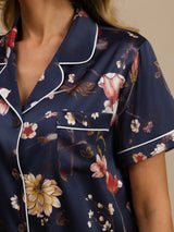 [Floreale Blu Navy] SilkSilky-IT Maniche Corte Collo a Taglio Pigiami da donna 004
