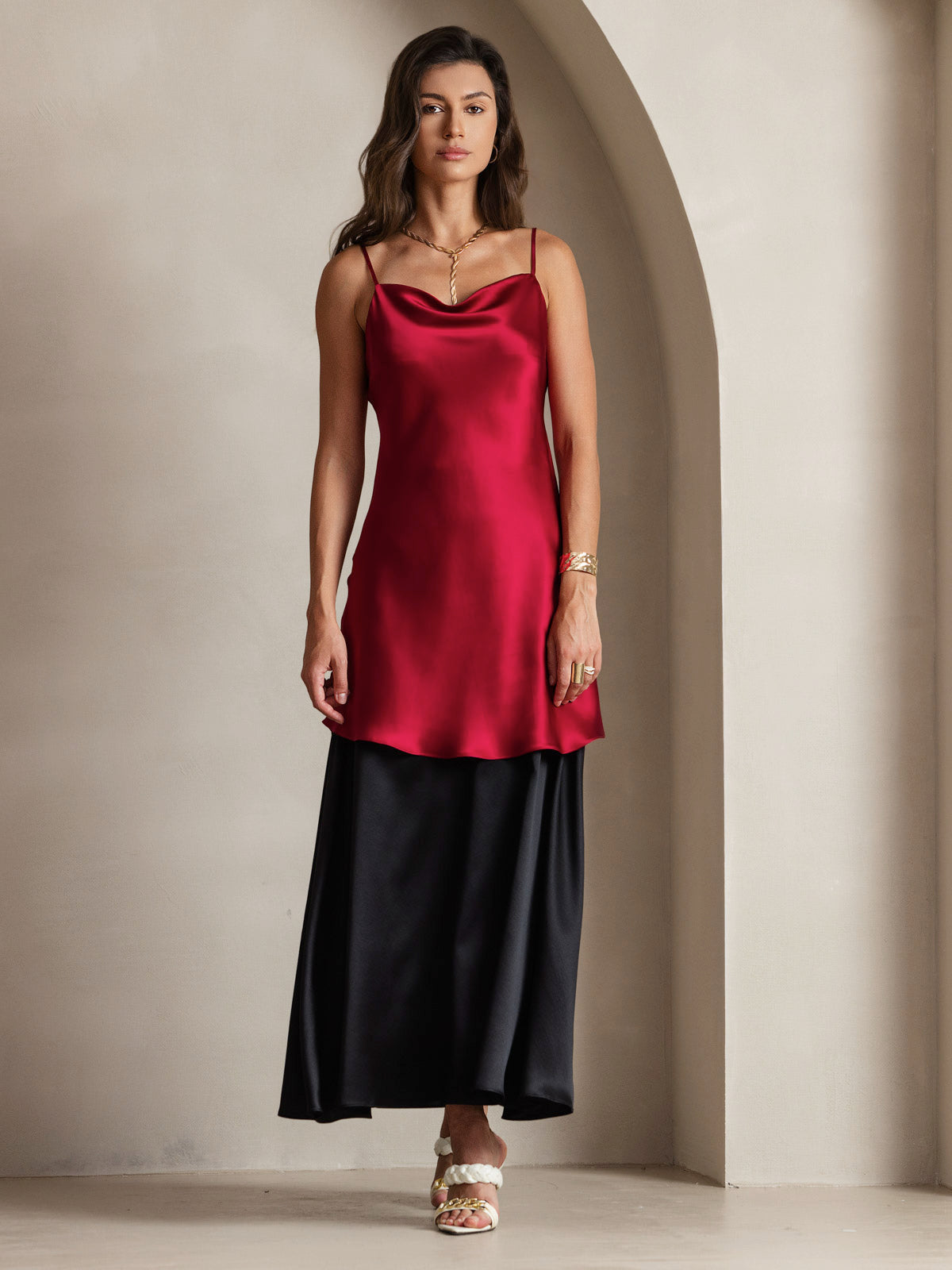 [Vino] SilkSilky-IT Tirantes Finos Collo drappeggiato Vestiti da donna 007