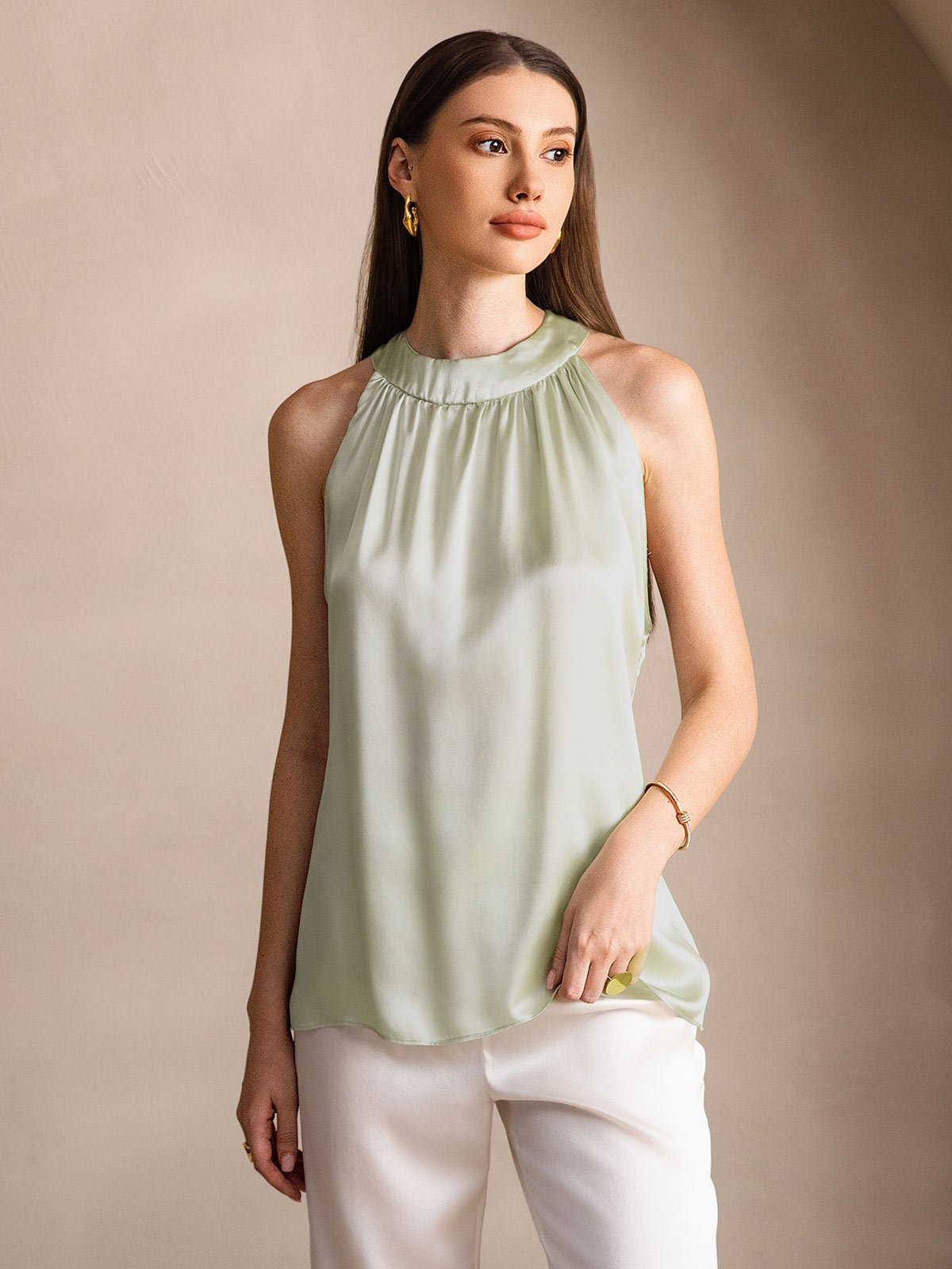 [Verde Chiaro] SilkSilky-IT 19Momme Seta Womens T-Shirt 001