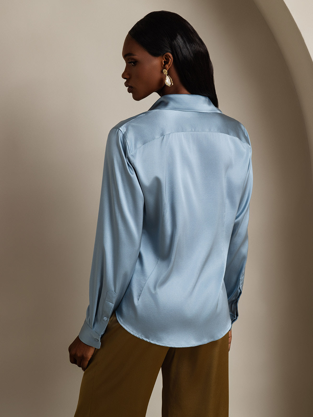 [Blu Grigiastro] SilkSilky-IT Seta Colletto risvolto Camicie da donna 002