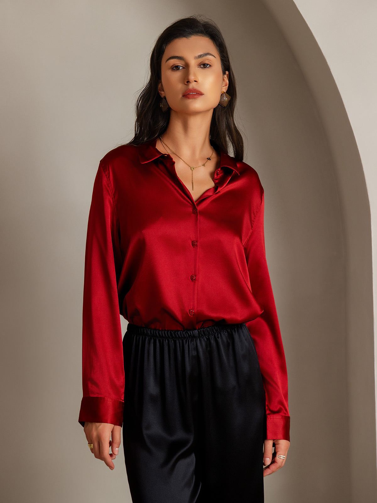 [Rosso] SilkSilky-IT Seta Colletto risvolto Camicie da donna 001