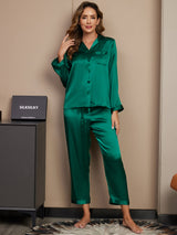 [Verde] SilkSilky-IT Long Sleeve Lapel Collar Pigiami da donna 001