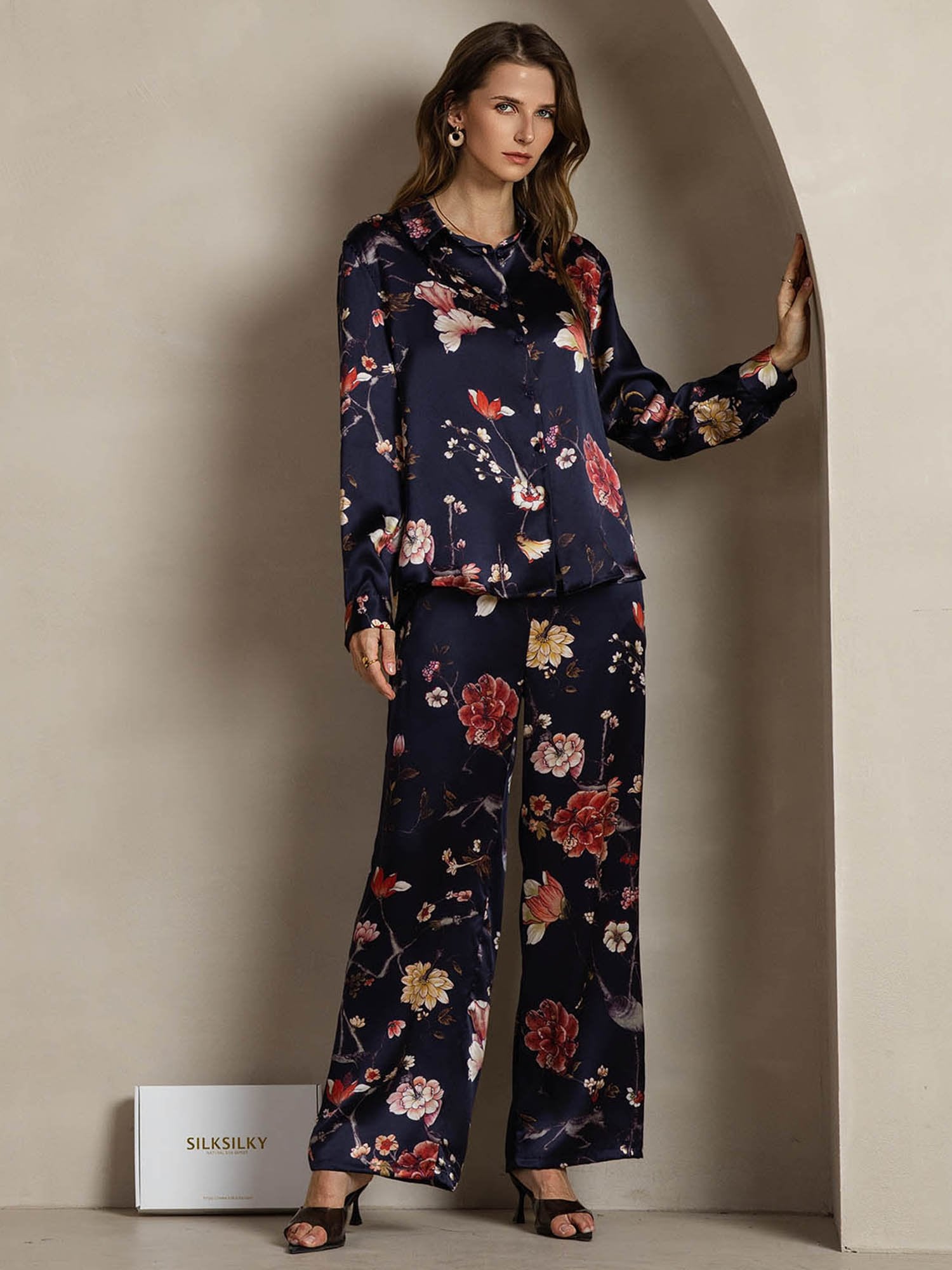 [FlorealeBluNavy] SilkSilky-IT 19Momme Seta Colletto risvolto Women''s Outfit Sets 003