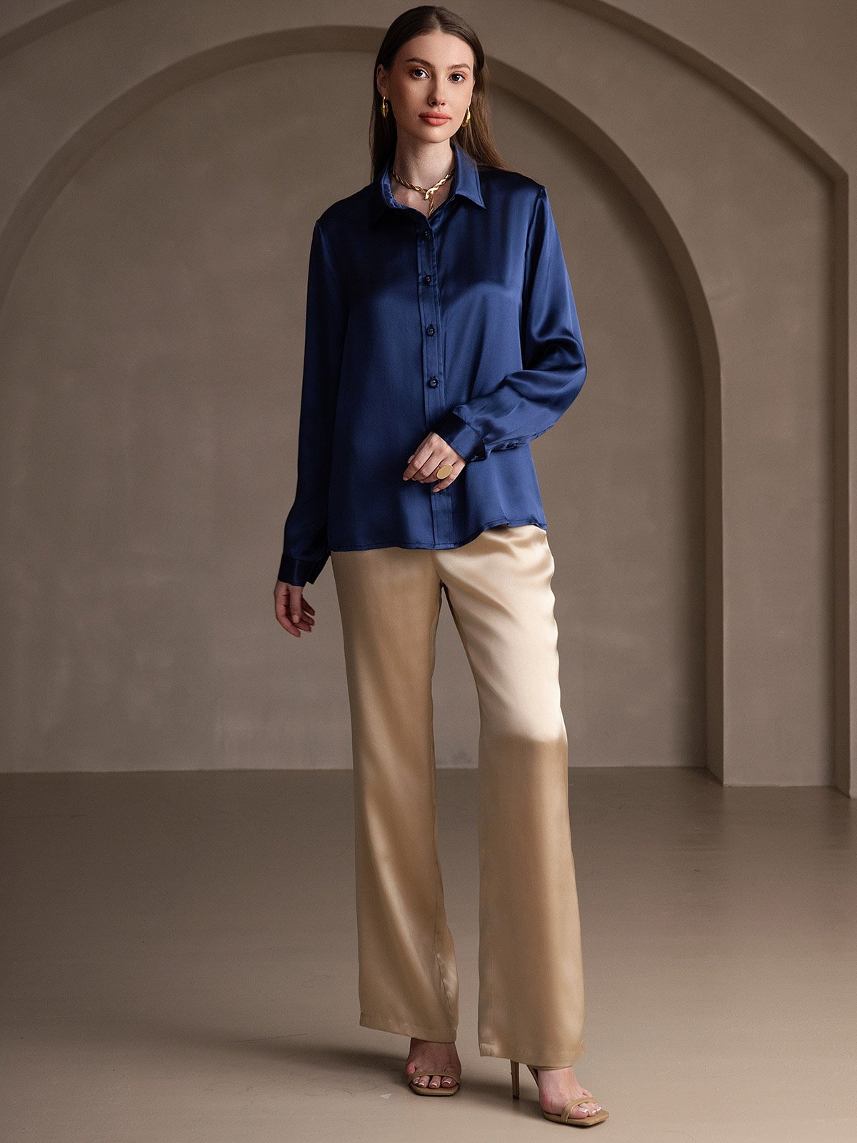 SilkSilky-IT 19Momme Seta Manica lunga Colletto risvolto Camicie da donna BluScuro 007