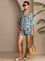 [Botanico Teal] SilkSilky-IT Short Sleeve Notch Collar Pigiami da donna 005