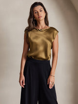 [Marrone] SilkSilky-IT Cap Sleeve Round Neck Magliette donna 003
