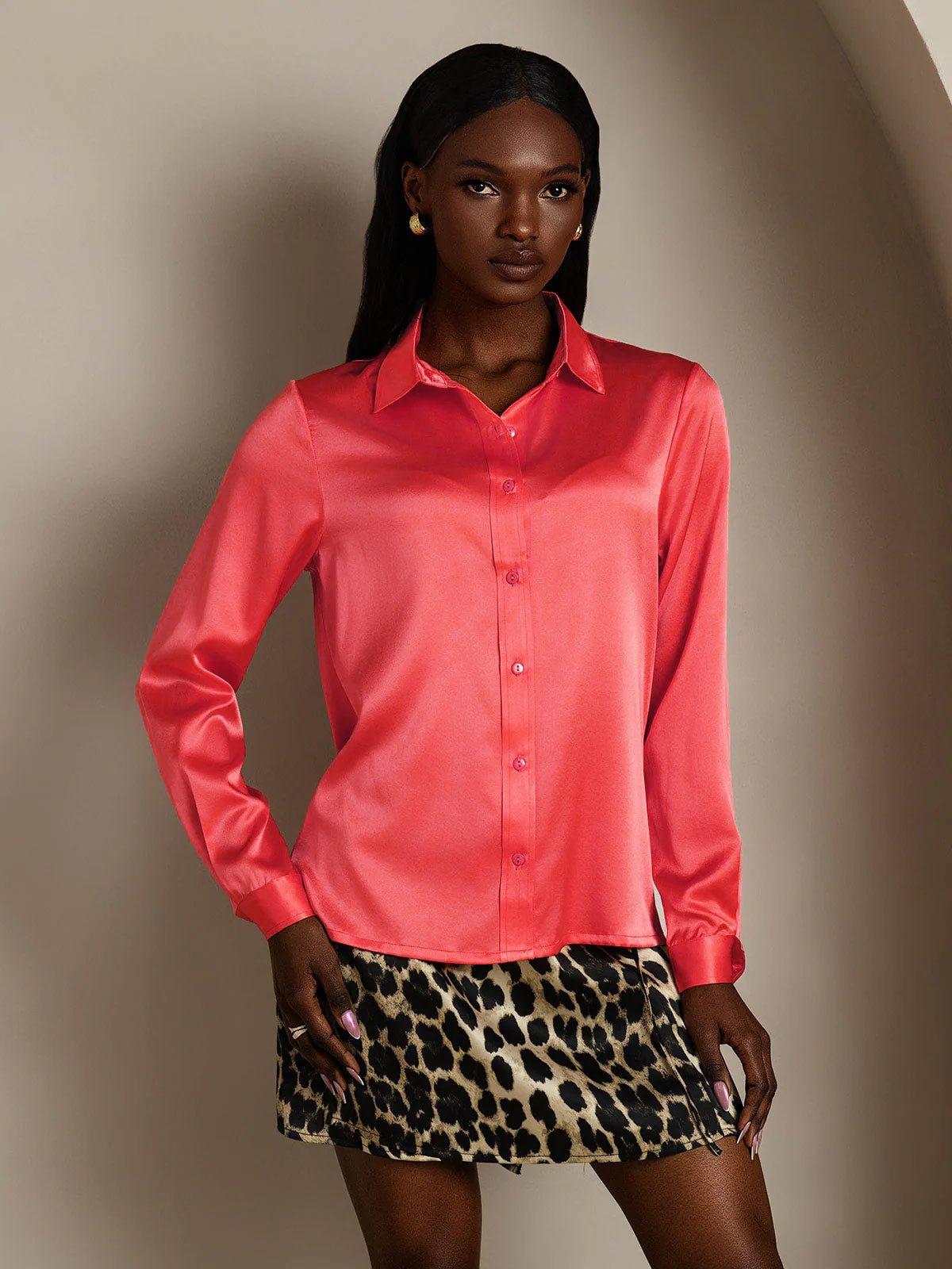 [Rosso Imperiale] SilkSilky-IT 19Momme Manica lunga Colletto con Revers Camicie da donna 001