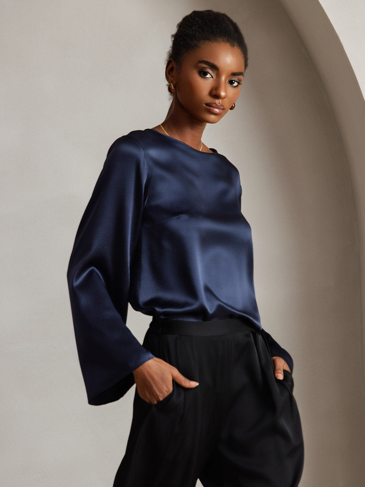 [Blu Scuro] SilkSilky-IT 19Momme Seta Womens T-Shirt 001,