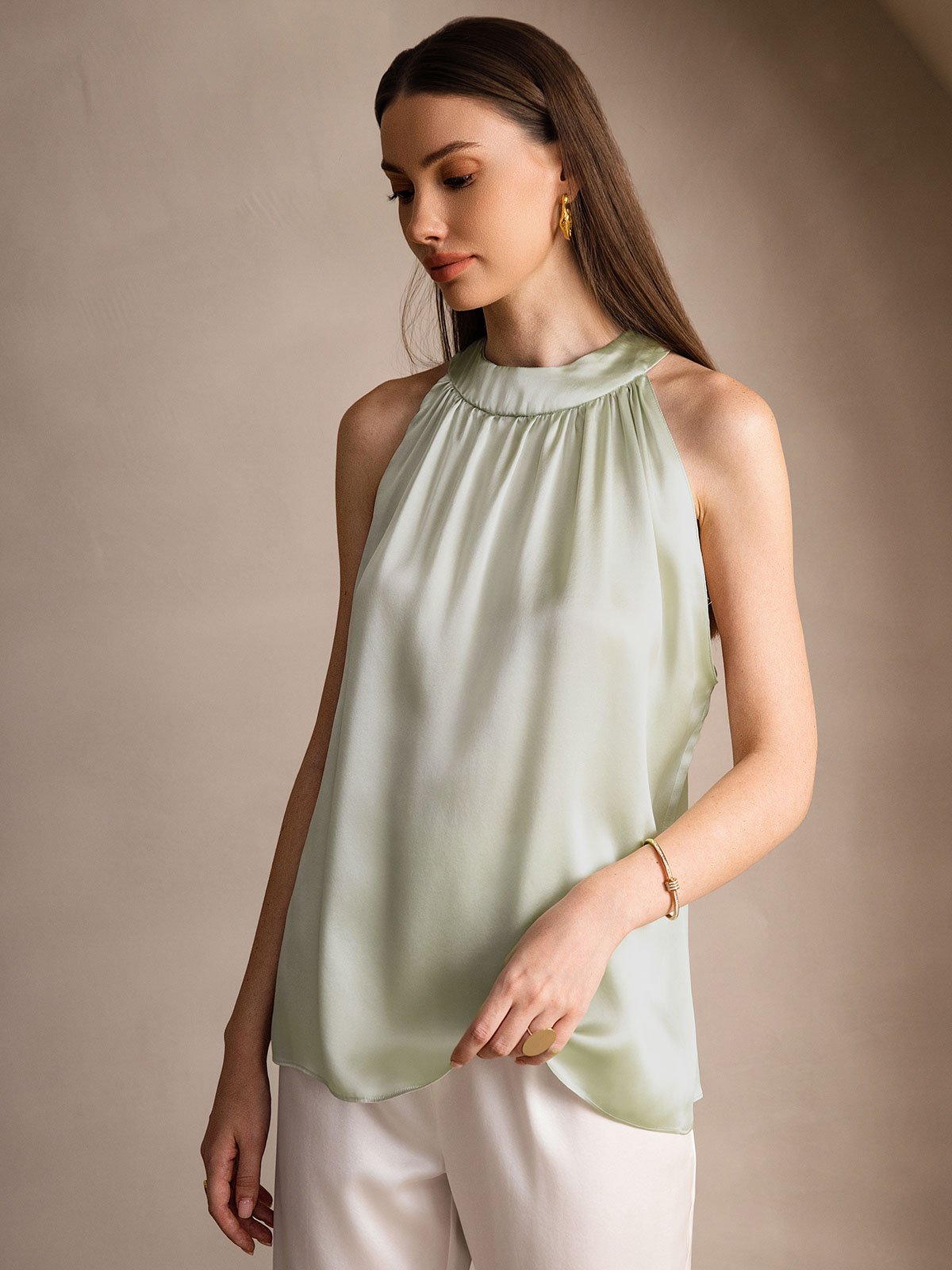 [Verde Chiaro] SilkSilky-IT 19Momme Seta Womens T-Shirt 004