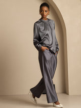 [Grigio Scuro] SilkSilky-IT 19Momme Manica lunga Scollo rotondo Camicette 007