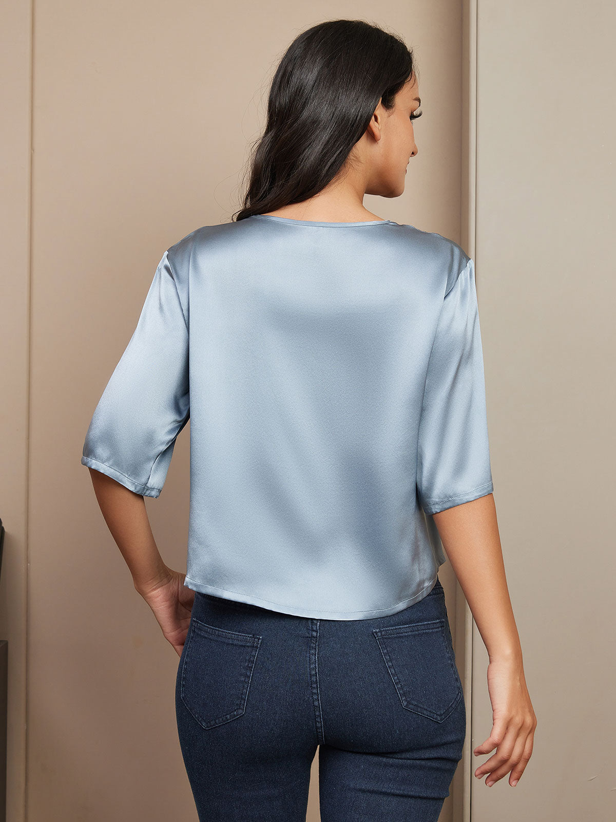 [Blu Grigiastro] SilkSilky-IT Manga media Scollo A Coppa Magliette donna 002