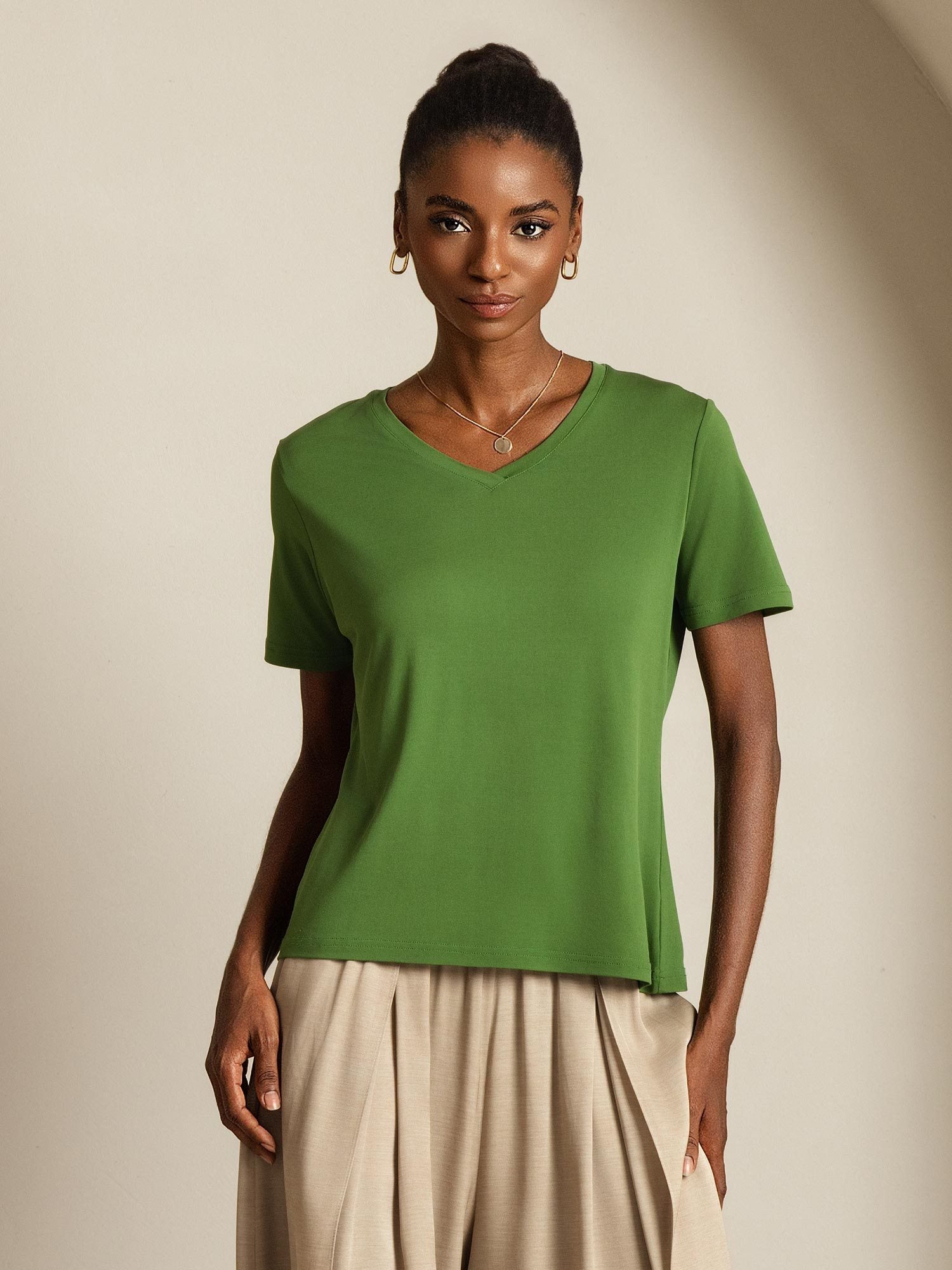 [Verde] SilkSilky-IT Seta pura Womens T-Shirt 008