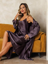 [Grigio Porpora] SilkSilky-IT Manica lunga Scollo a V Set camicia e vestaglia 006