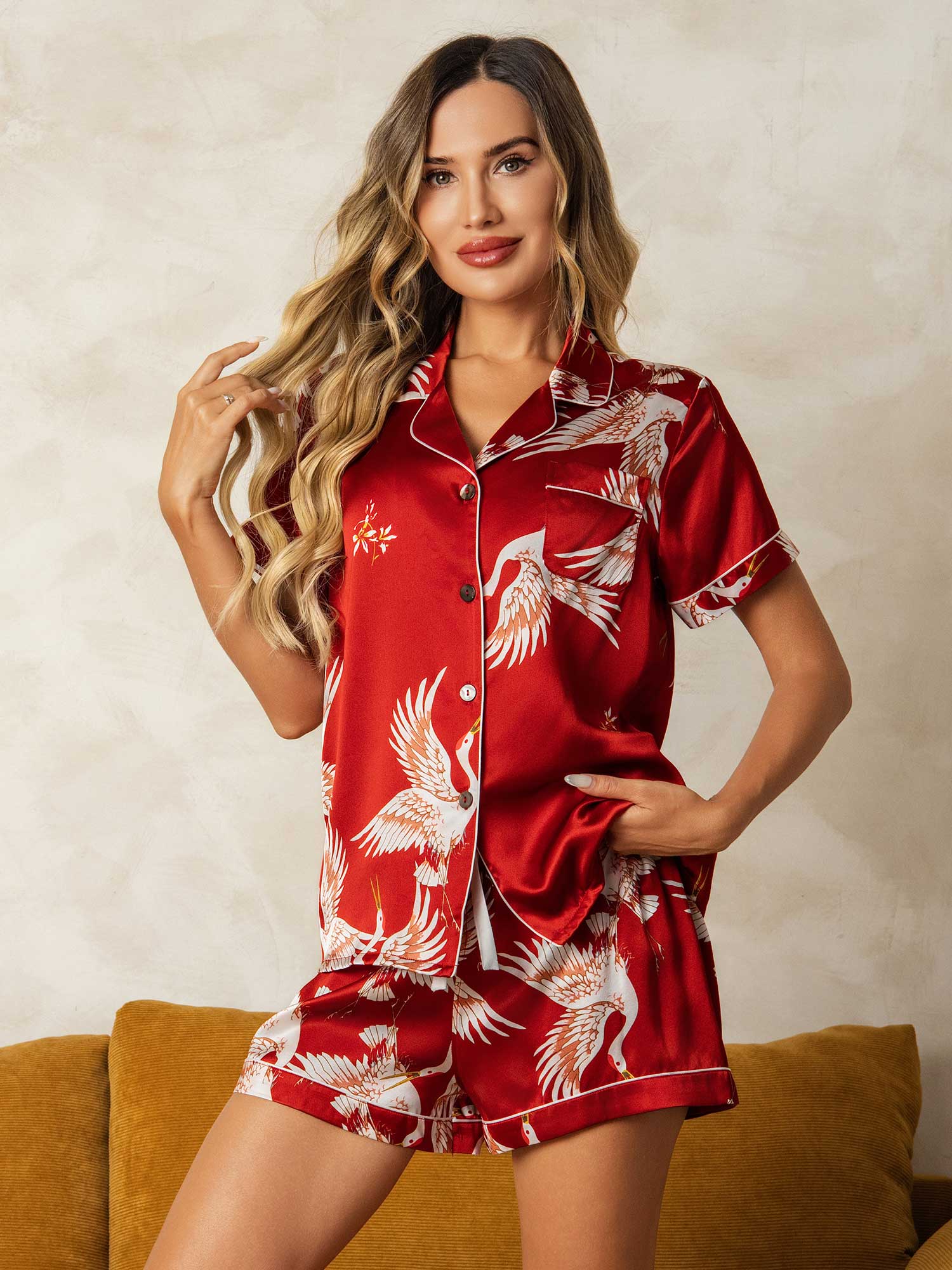 [Rosso Scuro] SilkSilky-IT 19Momme Maniche Corte Womens Pajamas 003