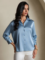 [Blu Grigiastro] SilkSilky-IT 3/4 Sleeve Lapel Collar Camicie da donna 003