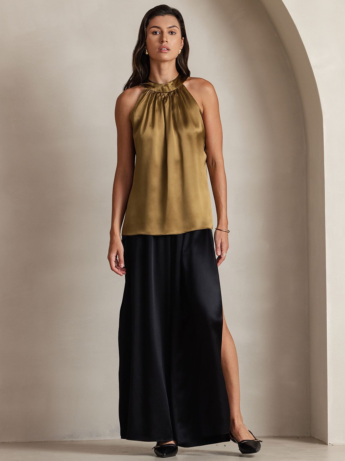 [Marrone] SilkSilky-IT 19Momme Seta Senza maniche Womens T-Shirt 003