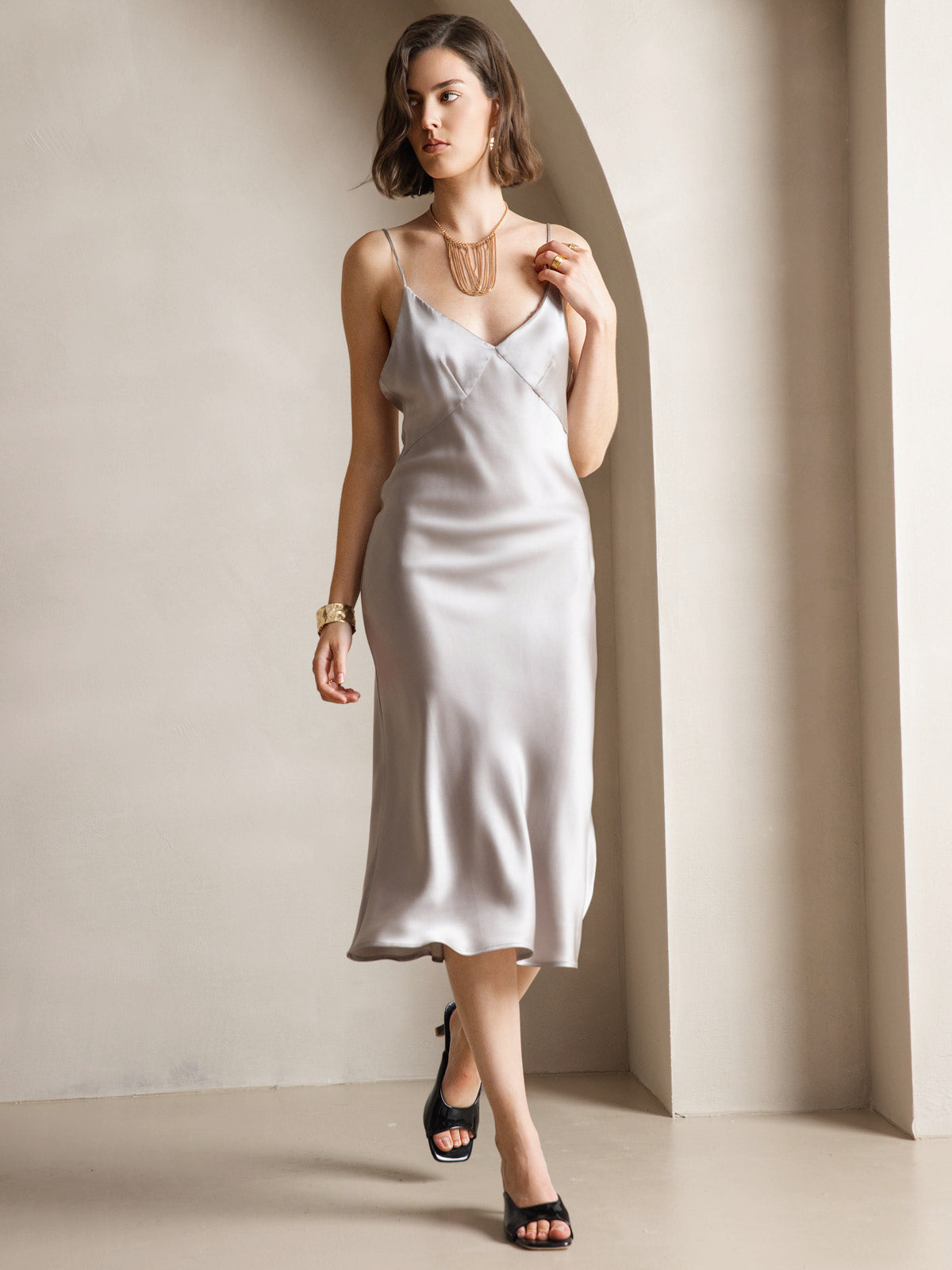 [Grigio] SilkSilky-IT 19Momme Seta pura Collo a V Vestiti da donna 006