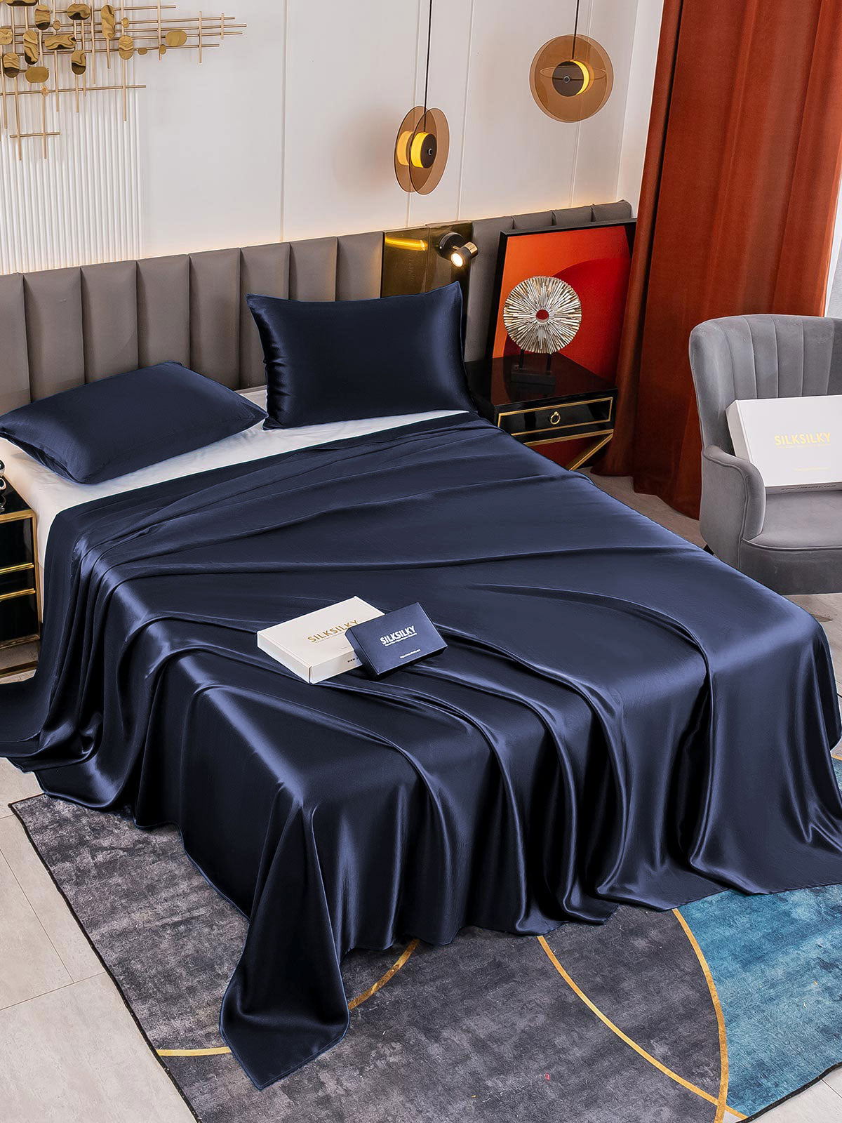 [Blu Scuro] SilkSilky-IT 19Momme Seta pura Bedding Set 001